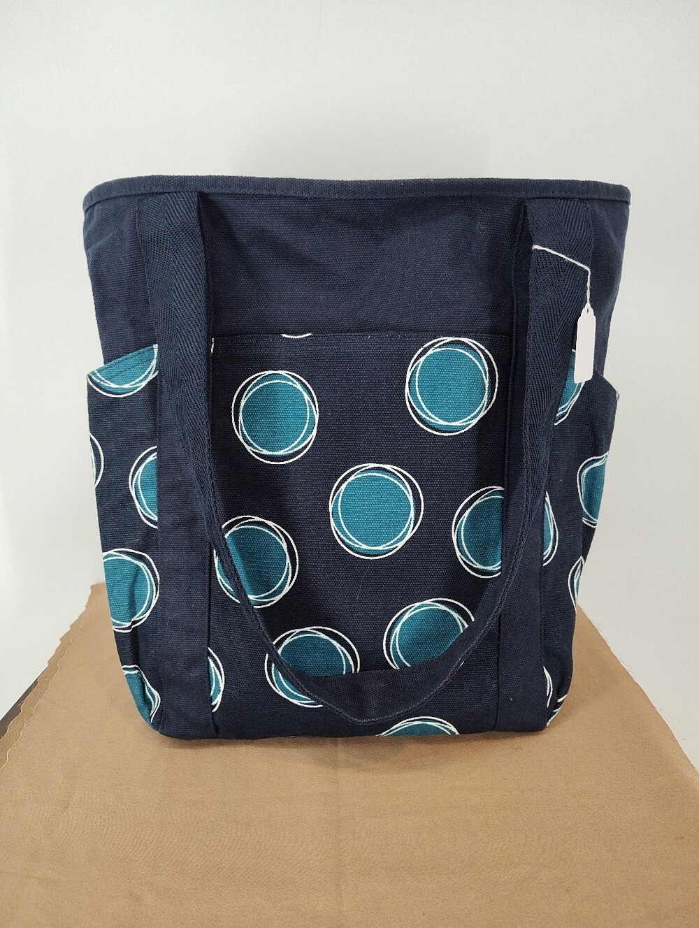 Thirty- One Go-To-Tote Navy Canvas Bag with Teal Circle Print